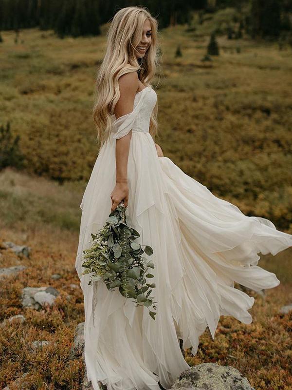 Ruffle Tiers Floor Length Off Shoulder Backless Chiffon Wedding Dresses