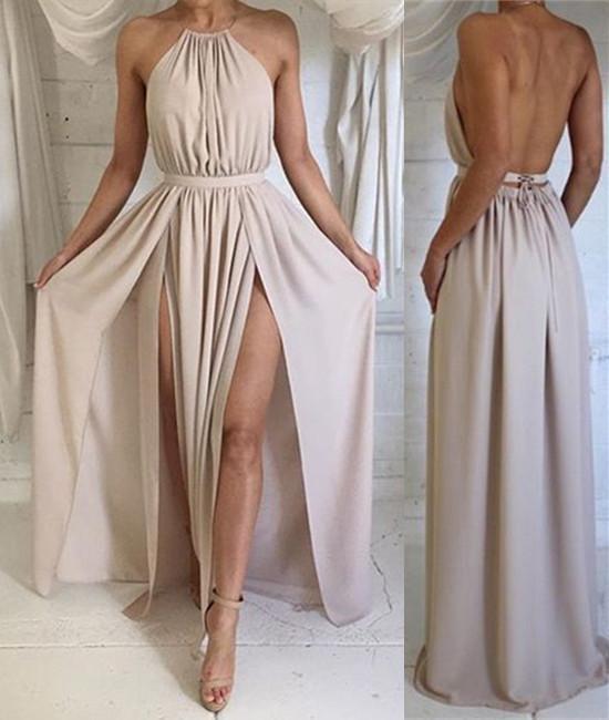 A Line High Neck Backless Chiffon Long Prom Dresses, Long Formal Dresses, Backless Bridesmaid Dresses