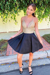 A Line V Neck Golden Lace Top Black Short Prom Dress Homecoming Dress, V Neck Black Formal Graduation Evening Dress