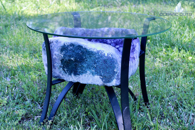 Amethyst Geode Table "Living the Life" 16.25 High Quality w Stand and Custom Glass Crystal LL-84s