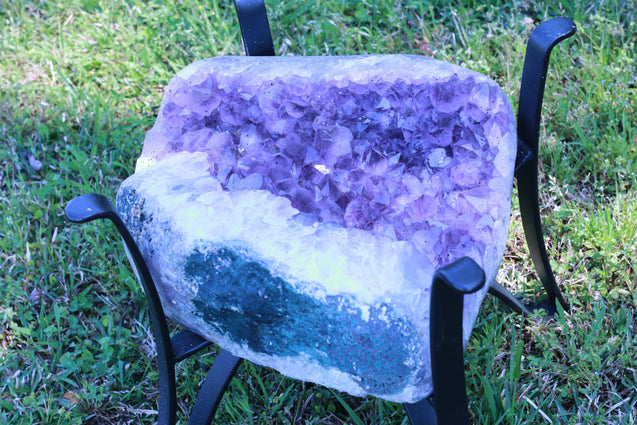 Amethyst Geode Table "Living the Life" 16.25 High Quality w Stand and Custom Glass Crystal LL-84s
