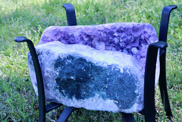 Amethyst Geode Table "Living the Life" 16.25 High Quality w Stand and Custom Glass Crystal LL-84s
