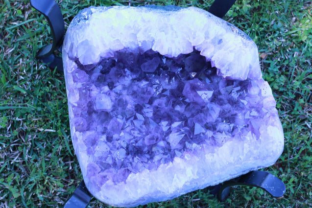 Amethyst Geode Table "Living the Life" 16.25 High Quality w Stand and Custom Glass Crystal LL-84s