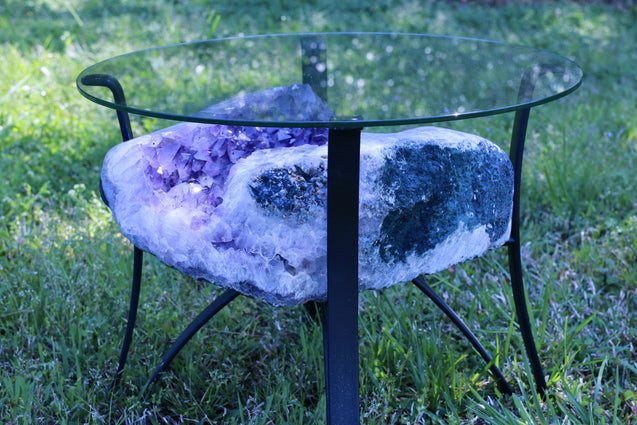 Amethyst Geode Table "Living the Life" 16.25 High Quality w Stand and Custom Glass Crystal LL-84s