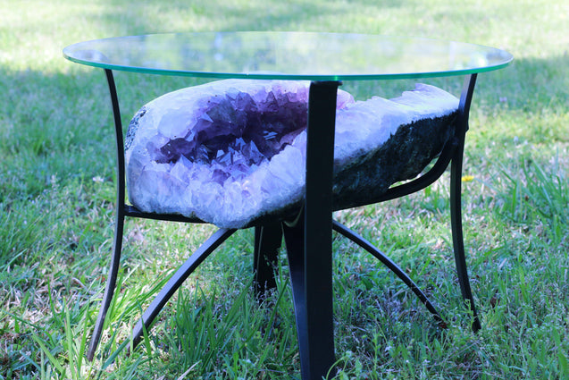 Amethyst Geode Table "Living the Life" 16.25 High Quality w Stand and Custom Glass Crystal LL-84s