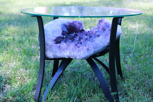 Amethyst Geode Table "Living the Life" 16.25 High Quality w Stand and Custom Glass Crystal LL-84s