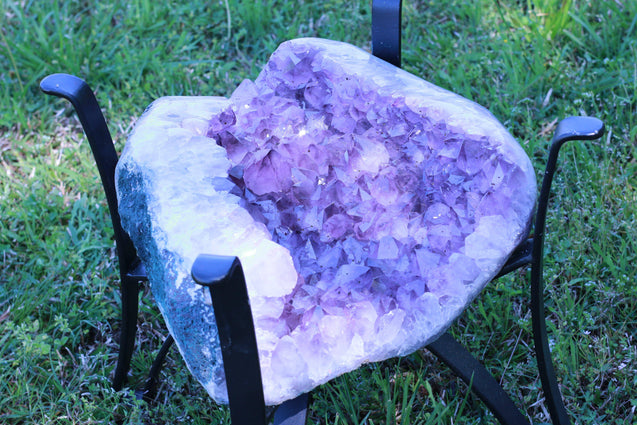 Amethyst Geode Table "Living the Life" 16.25 High Quality w Stand and Custom Glass Crystal LL-84s