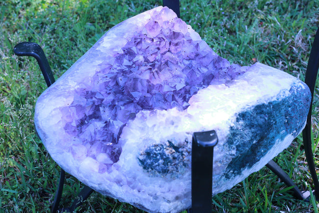 Amethyst Geode Table "Living the Life" 16.25 High Quality w Stand and Custom Glass Crystal LL-84s