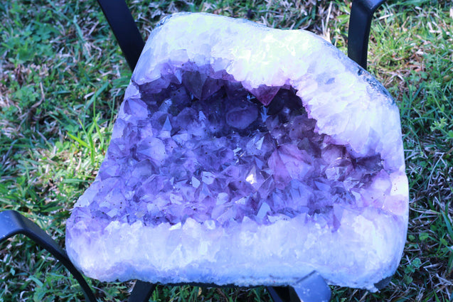 Amethyst Geode Table "Living the Life" 16.25 High Quality w Stand and Custom Glass Crystal LL-84s