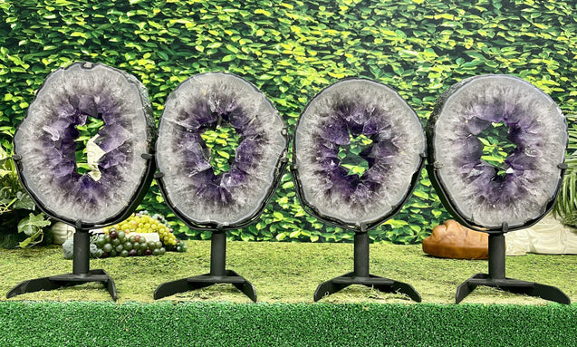 "INFINITE ENLIGHTENMENT" 4 Amethyst Geode Slices 16.00 High Quality w Swivel Stands NS-549