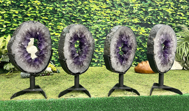 "INFINITE ENLIGHTENMENT" 4 Amethyst Geode Slices 16.00 High Quality w Swivel Stands NS-549