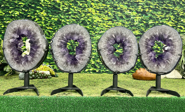 "INFINITE ENLIGHTENMENT" 4 Amethyst Geode Slices 16.00 High Quality w Swivel Stands NS-549