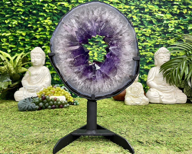 "FRISBEE" Amethyst Geode Slice 14.00 Brazil w Swivel Stand High Quality NS-556