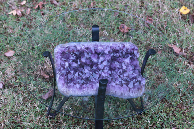 Amethyst Geode Table Custom Glass 26.00 Iron Stand Custom Glass Rare Mineral GG-18s