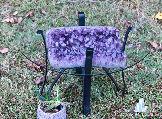 Amethyst Geode Table Custom Glass 26.00 Iron Stand Custom Glass Rare Mineral GG-18s