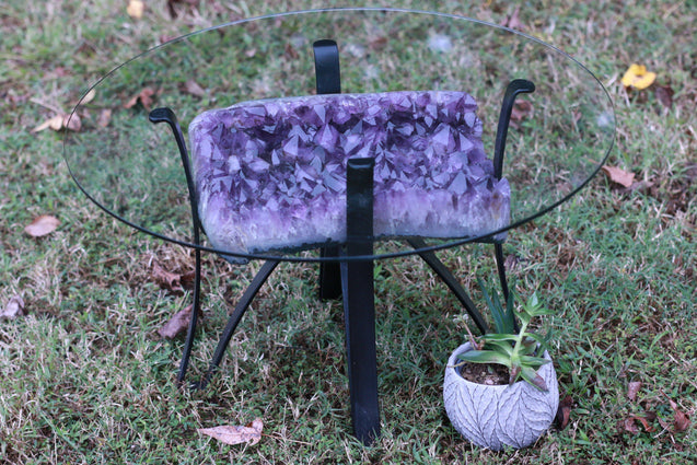 Amethyst Geode Table Custom Glass 26.00 Iron Stand Custom Glass Rare Mineral GG-18s