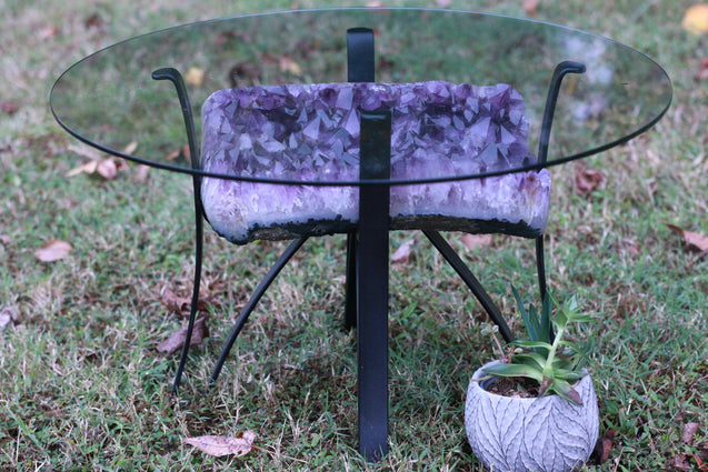 Amethyst Geode Table Custom Glass 26.00 Iron Stand Custom Glass Rare Mineral GG-18s