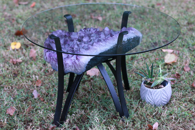 Amethyst Geode Table Custom Glass 26.00 Iron Stand Custom Glass Rare Mineral GG-18s