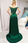 Off Shoulder Lace Top Green Long Prom Dress with Split, Off Shoulder Lace Green Bridesmaid Dress, Off Shoulder Lace Green Formal Graduation Evening Dress