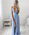 A Line V Neck Light Blue Prom Dress with Slit, Light Blue Formal Dress, Bridesmaid Dress