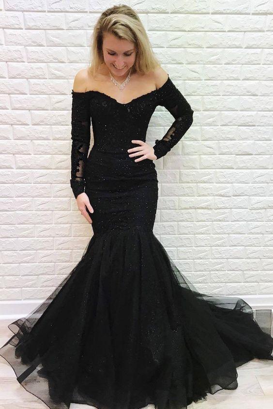 Mermaid Off the Shoulder Long Sleeves Lace Prom Dress with Beads