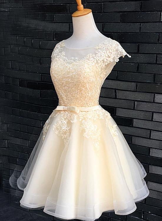 Champagne Lace Cute Knee Length Formal Dress, Graduation Party Dress, Prom Dress