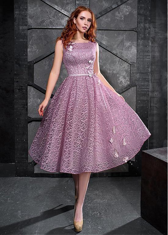 discount Exciting Lace Scoop Neckline Tea-length A-line Prom Dress With Sash &amp; Handmade Flowers With Beadings